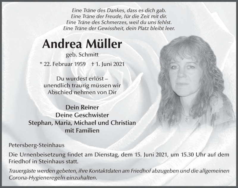  Traueranzeige für Andrea Müller vom 05.06.2021 aus FZ