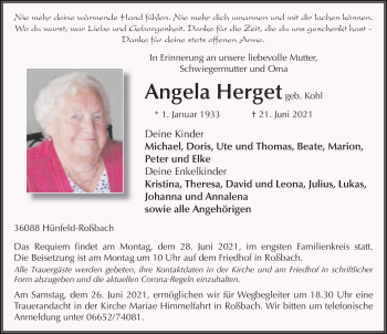 Traueranzeige von Angela Herget von FZ