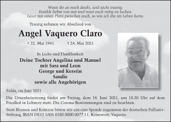 Traueranzeige von Angel Vaquero Claro von FZ