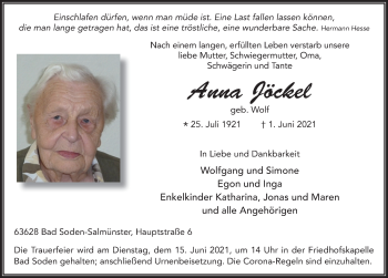 Traueranzeige von Anna Jöckel von FZ