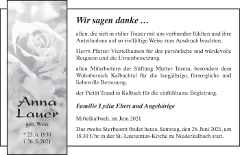 Traueranzeige von Anna Lauer von FZ