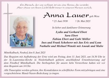 Traueranzeige von Anna Lauer von FZ