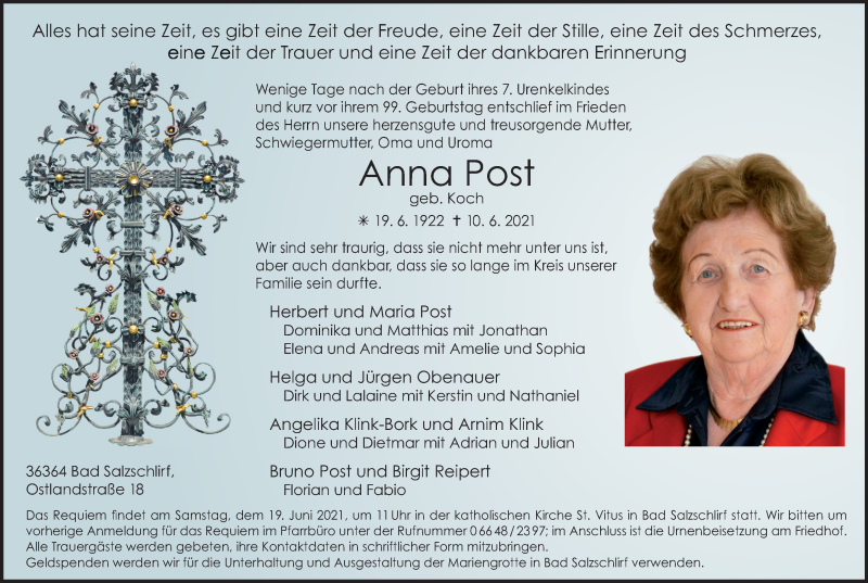  Traueranzeige für Anna Post vom 16.06.2021 aus FZ