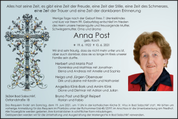 Traueranzeige von Anna Post von FZ