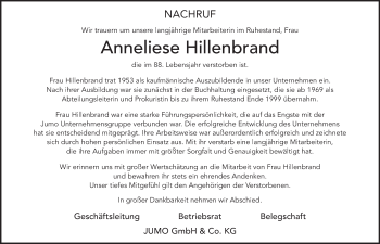 Traueranzeige von Anneliese Hillenbrand von FZ