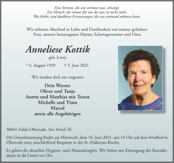 Traueranzeige von Anneliese Kottik von FZ