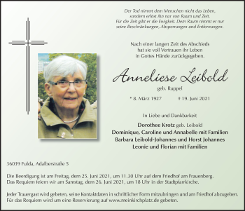 Traueranzeige von Anneliese Leibold von FZ
