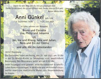 Traueranzeige von Anni Günkel von FZ