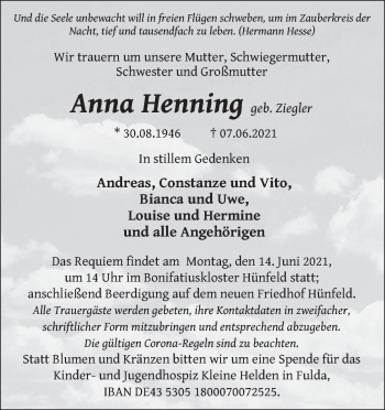 Traueranzeige von Anni Henning von FZ