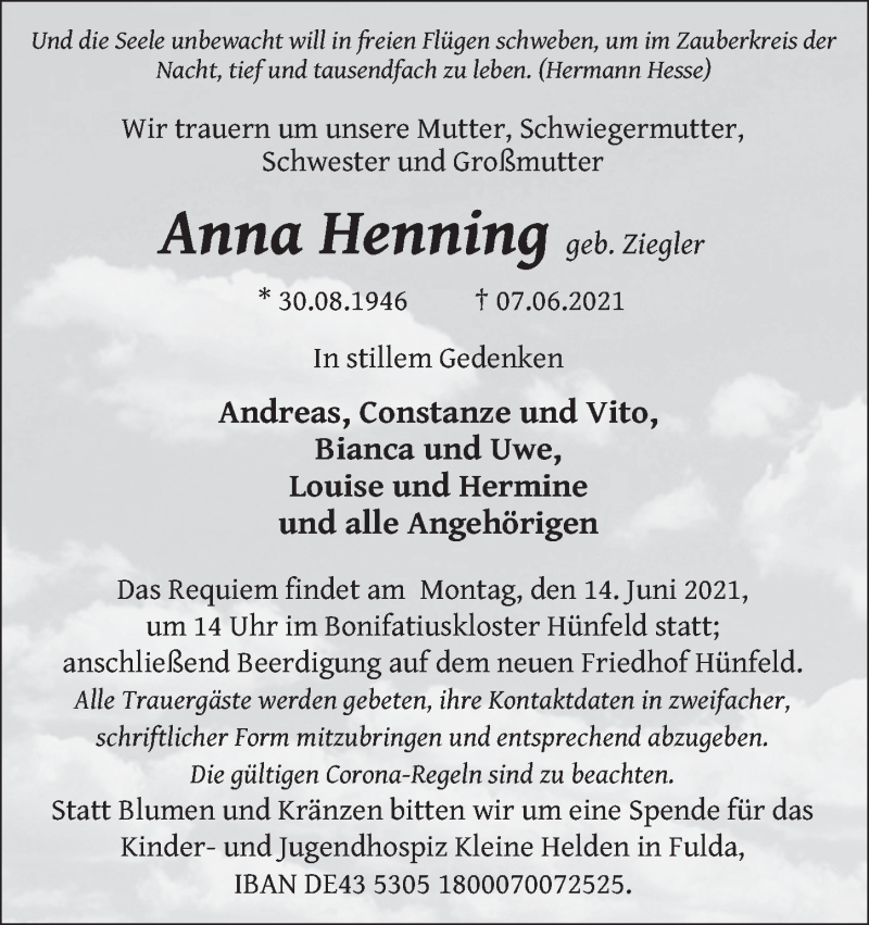  Traueranzeige für Anni Henning vom 09.06.2021 aus FZ