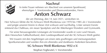 Traueranzeige von Anton Schwarz von FZ