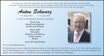 Traueranzeige von Anton Schwarz von FZ