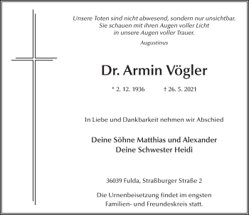Traueranzeige von Armin Vögler von FZ