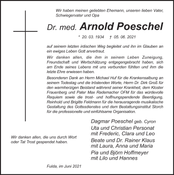 Traueranzeige von Arnold Poeschel von FZ