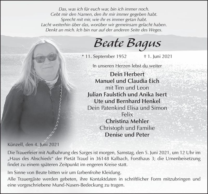  Traueranzeige für Beate Bagus vom 04.06.2021 aus FZ