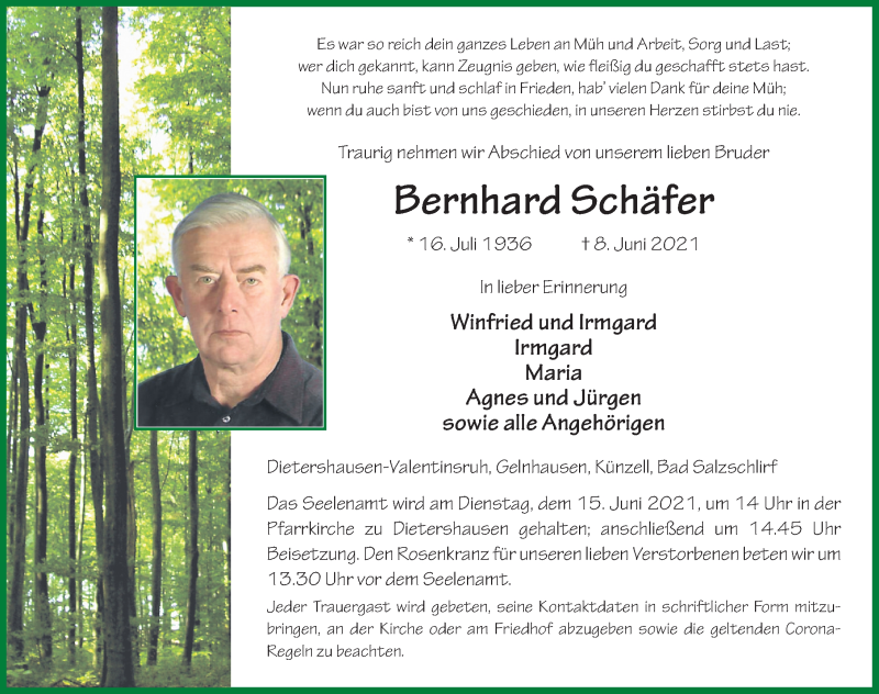  Traueranzeige für Bernhard Schäfer vom 11.06.2021 aus FZ