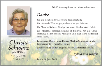 Traueranzeige von Christa Schwarz von FZ