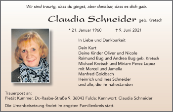 Traueranzeige von Claudia Schneider von FZ