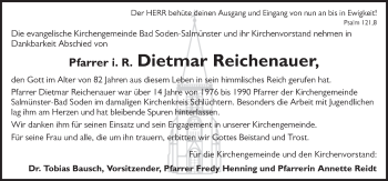 Traueranzeige von Dietmar Reichenauer von FZ