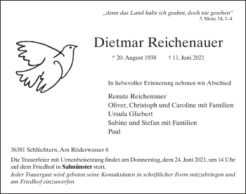 Traueranzeige von Dietmar Reichenauer von FZ
