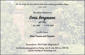 Traueranzeige von Doris Bergmann von FZ