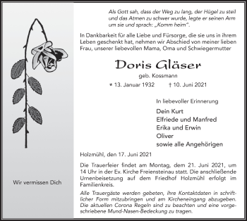 Traueranzeige von Doris Gläser von FZ