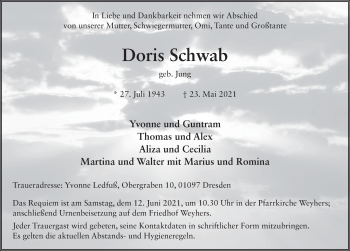 Traueranzeige von Doris Schwab von FZ