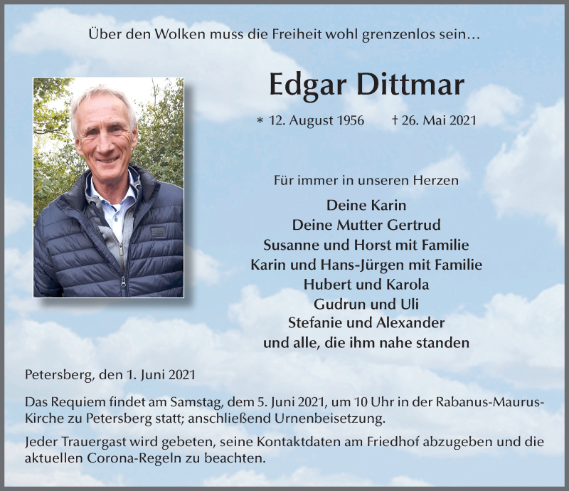  Traueranzeige für Edgar Dittmar vom 01.06.2021 aus FZ