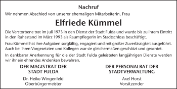 Traueranzeige von Elfriede Kümmel von FZ