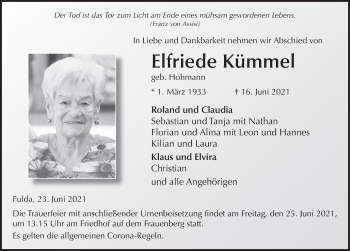 Traueranzeige von Elfriede Kümmel von FZ