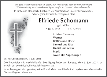 Traueranzeige von Elfriede Schomann von FZ