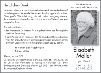 Traueranzeige von Elisabeth Möller von FZ