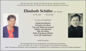 Traueranzeige von Elisabeth Schäfer von FZ