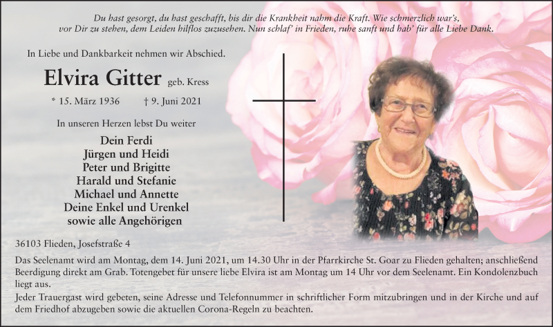  Traueranzeige für Elvira Gitter vom 11.06.2021 aus FZ