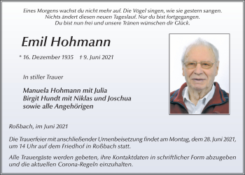Traueranzeige von Emil Hohmann von FZ