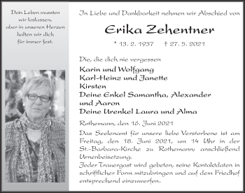Traueranzeige von Erika Zehentner von FZ