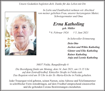 Traueranzeige von Erna Katholing von FZ
