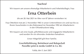 Traueranzeige von Erna Otterbein von FZ
