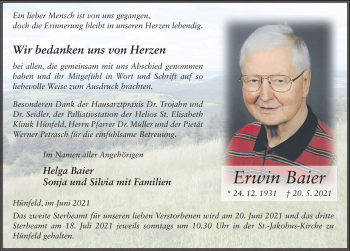 Traueranzeige von Erwin Baier von FZ