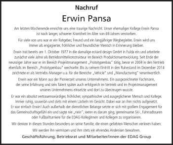 Traueranzeige von Erwin Pansa von FZ