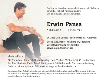 Traueranzeige von Erwin Pansa von FZ