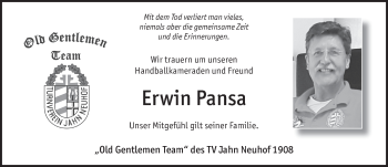 Traueranzeige von Erwin Pansa von FZ