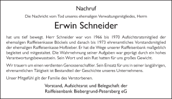 Traueranzeige von Erwin Schneider von FZ