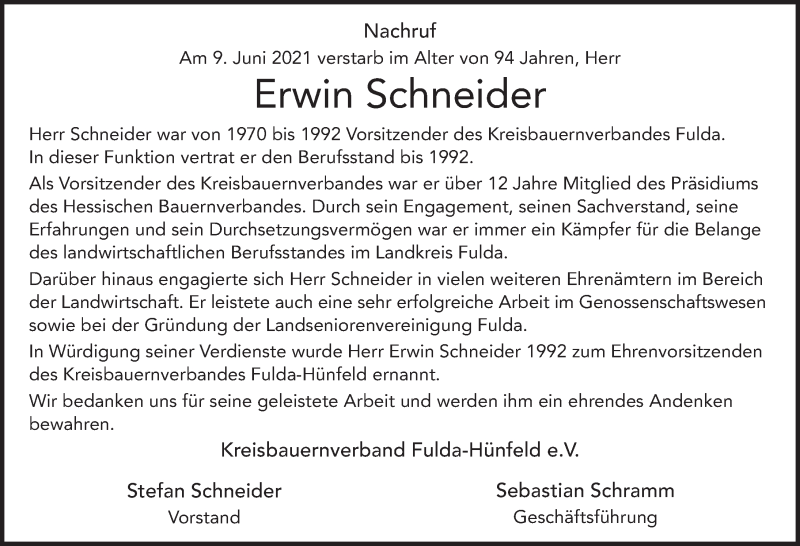  Traueranzeige für Erwin Schneider vom 11.06.2021 aus FZ