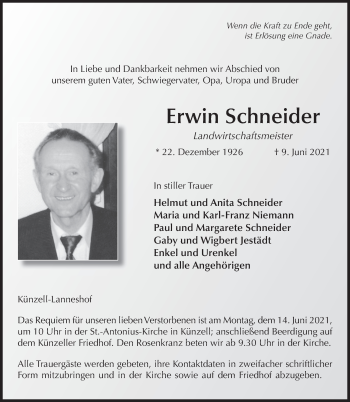 Traueranzeige von Erwin Schneider von FZ