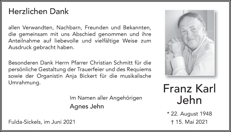  Traueranzeige für Franz Karl Jehn vom 26.06.2021 aus FZ