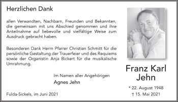 Traueranzeige von Franz Karl Jehn von FZ