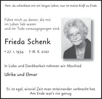 Traueranzeige von Frieda Schenk von FZ