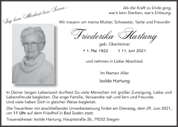 Traueranzeige von Friederika Hartung von FZ