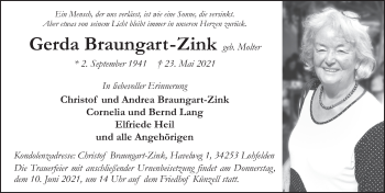 Traueranzeige von Gerda Braungart-Zink von FZ